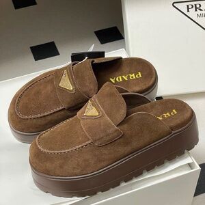 Prada Brown Suede Platform Mule Slippers with Gold Triangle Logo
